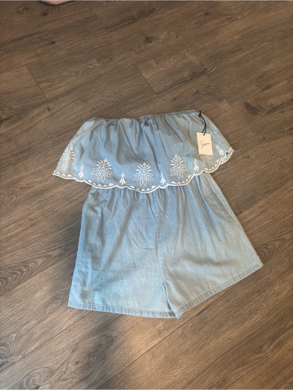 Japna Light Blue Off-Shoulder Embroidered Romper